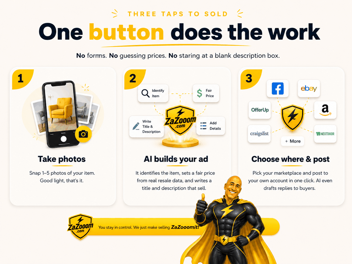 One button does the work — snap a photo, AI builds and posts your ad